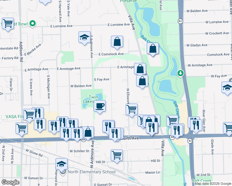 map of restaurants, bars, coffee shops, grocery stores, and more near 931 South Chatham Avenue in Addison