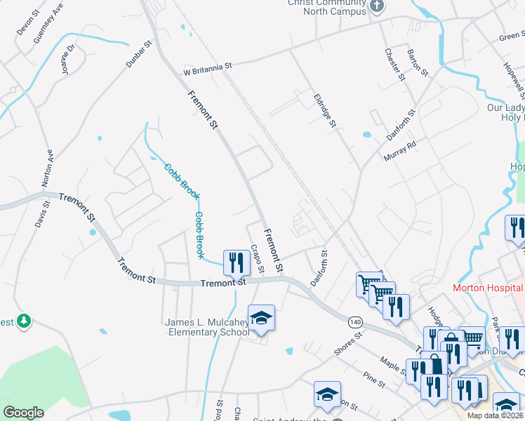 map of restaurants, bars, coffee shops, grocery stores, and more near 38 Fremont Street in Taunton