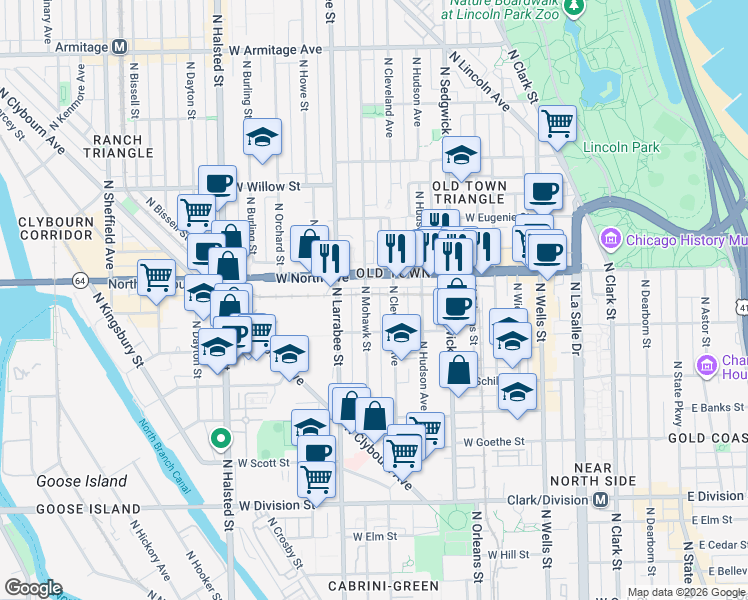 map of restaurants, bars, coffee shops, grocery stores, and more near 1527 North Mohawk Street in Chicago