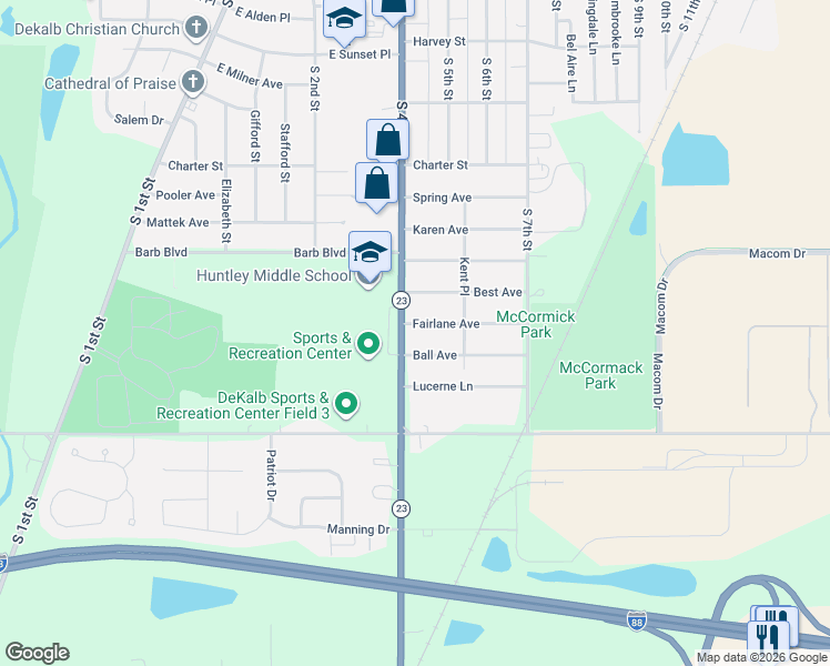 map of restaurants, bars, coffee shops, grocery stores, and more near 1720 South 4th Street in DeKalb