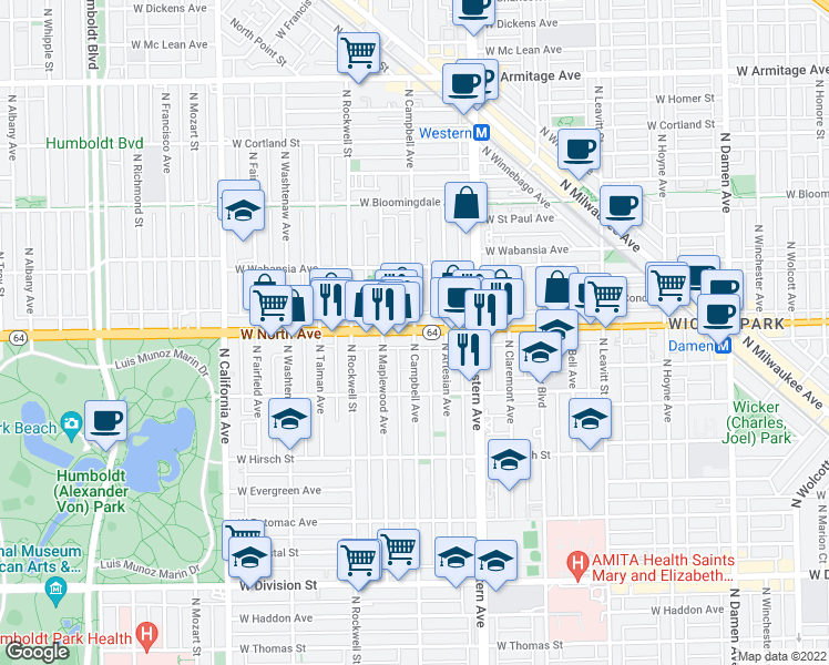 map of restaurants, bars, coffee shops, grocery stores, and more near West North Avenue & North Campbell Avenue in Chicago