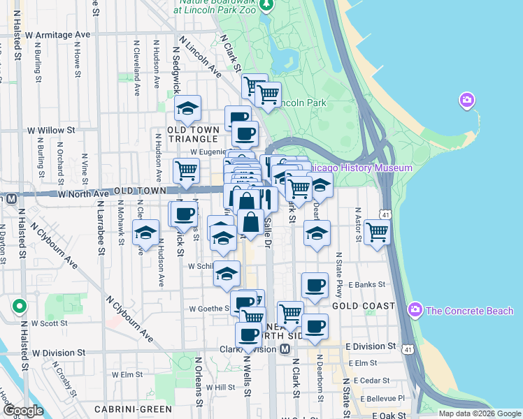map of restaurants, bars, coffee shops, grocery stores, and more near 1540 N La Salle Blvd in Chicago