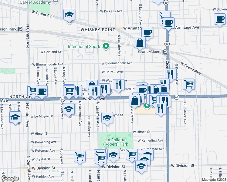 map of restaurants, bars, coffee shops, grocery stores, and more near 5123 West Concord Place in Chicago