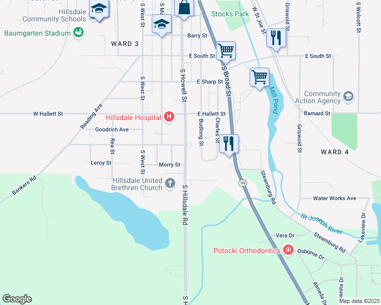 map of restaurants, bars, coffee shops, grocery stores, and more near 209 South Howell Street in Hillsdale