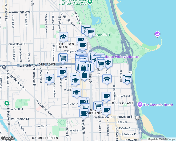 map of restaurants, bars, coffee shops, grocery stores, and more near 1546 North LaSalle Drive in Chicago