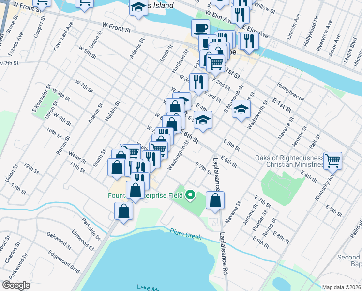 map of restaurants, bars, coffee shops, grocery stores, and more near 115 East 7th Street in Monroe