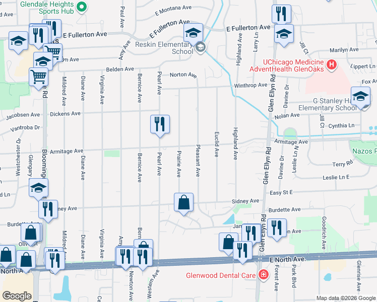 map of restaurants, bars, coffee shops, grocery stores, and more near 2N361 Prairie Avenue in Glen Ellyn