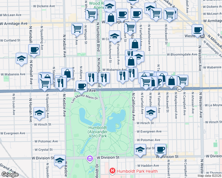 map of restaurants, bars, coffee shops, grocery stores, and more near West North Avenue in Chicago