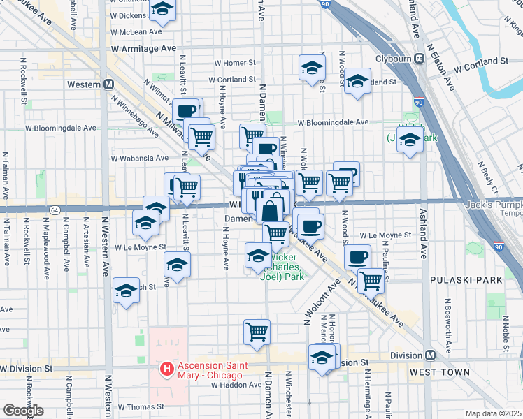 map of restaurants, bars, coffee shops, grocery stores, and more near 1604 North Milwaukee Avenue in Chicago
