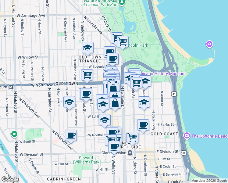 map of restaurants, bars, coffee shops, grocery stores, and more near 1529 North Wells Street in Chicago