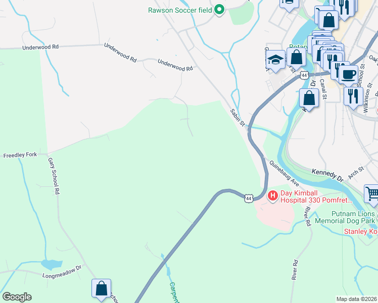 map of restaurants, bars, coffee shops, grocery stores, and more near 219 Pomfret Street in Putnam