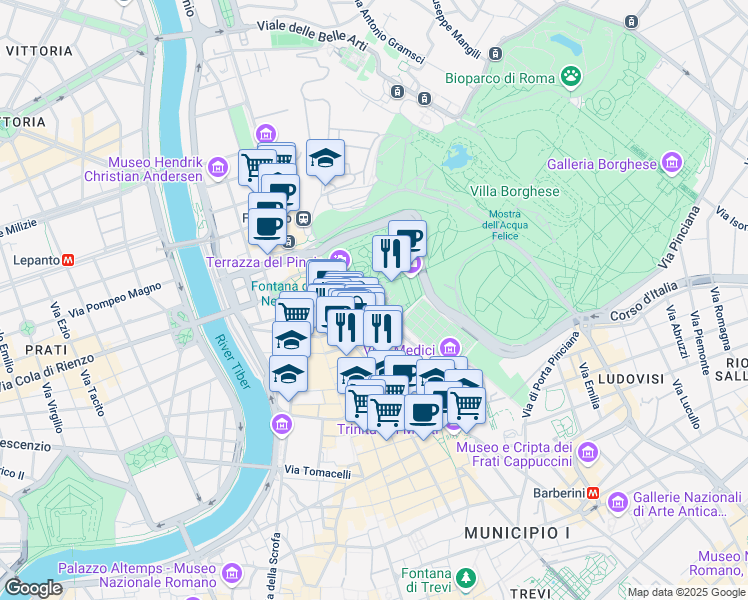 map of restaurants, bars, coffee shops, grocery stores, and more near Viale del Belvedere in Rome
