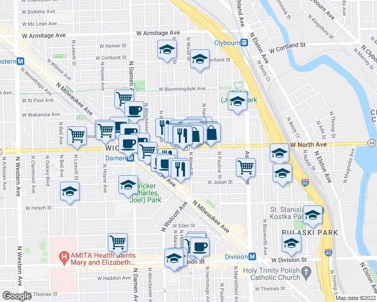 map of restaurants, bars, coffee shops, grocery stores, and more near 1801 Illinois 64 in Chicago