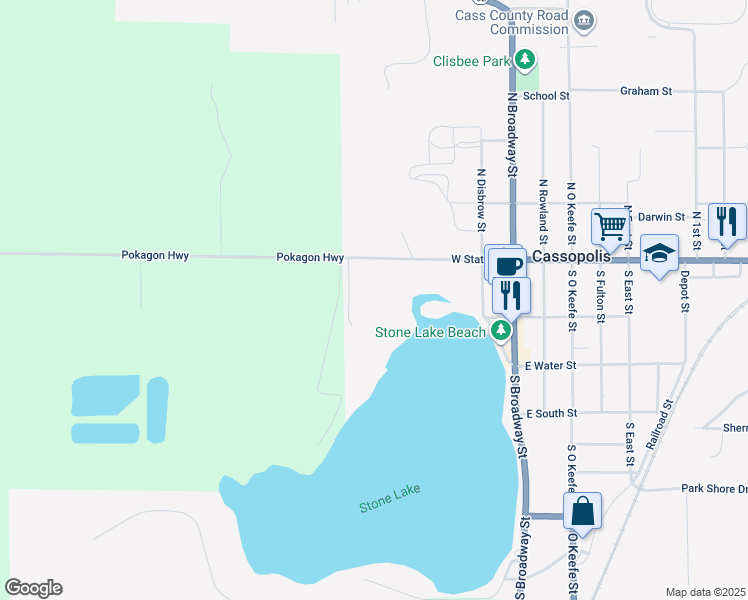 map of restaurants, bars, coffee shops, grocery stores, and more near 145 Stone Lake Street in Cassopolis