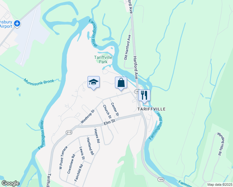 map of restaurants, bars, coffee shops, grocery stores, and more near 21 Winthrop Street in Simsbury