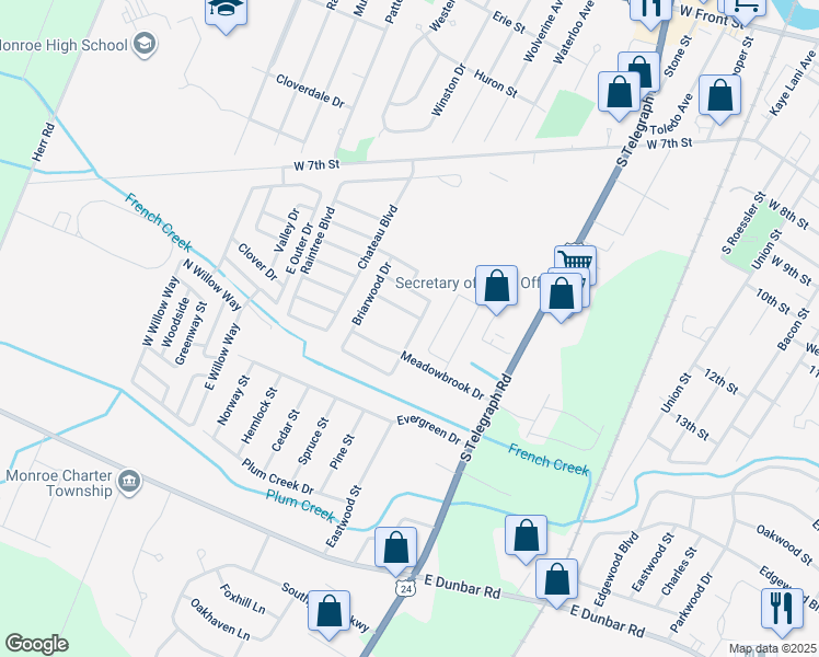 map of restaurants, bars, coffee shops, grocery stores, and more near 1274 Strandwyck Drive in Monroe