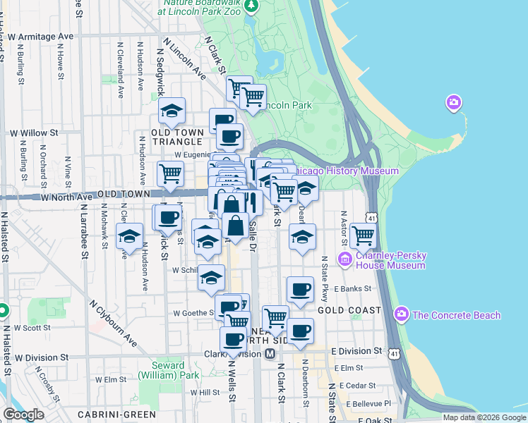map of restaurants, bars, coffee shops, grocery stores, and more near 1546 North LaSalle Drive in Chicago