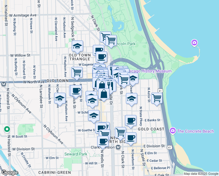 map of restaurants, bars, coffee shops, grocery stores, and more near 1546 North LaSalle Drive in Chicago