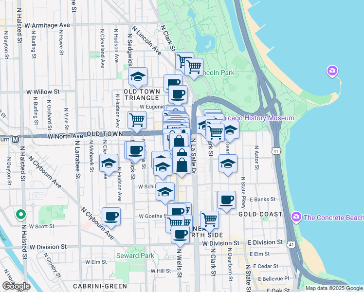 map of restaurants, bars, coffee shops, grocery stores, and more near 1529 North Wells Street in Chicago