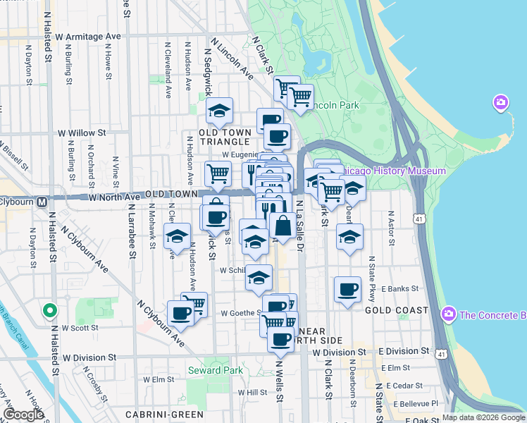 map of restaurants, bars, coffee shops, grocery stores, and more near 1520 North Wieland Street in Chicago