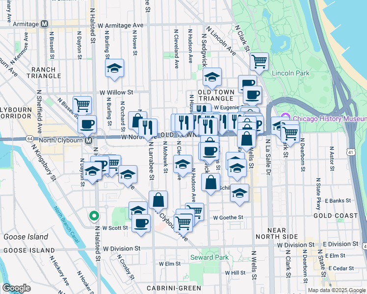 map of restaurants, bars, coffee shops, grocery stores, and more near 1523 North Cleveland Avenue in Chicago