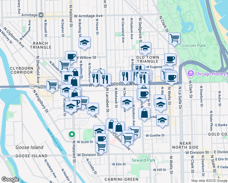 map of restaurants, bars, coffee shops, grocery stores, and more near 1527 North Mohawk Street in Chicago