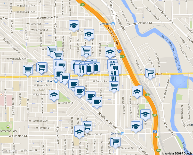 map of restaurants, bars, coffee shops, grocery stores, and more near 1528 North Paulina Street in Chicago