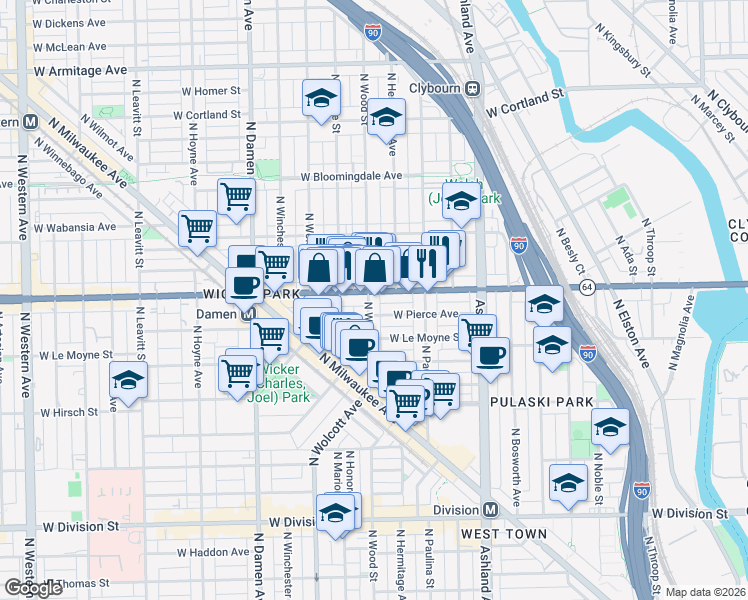 map of restaurants, bars, coffee shops, grocery stores, and more near 1801 Illinois 64 in Chicago