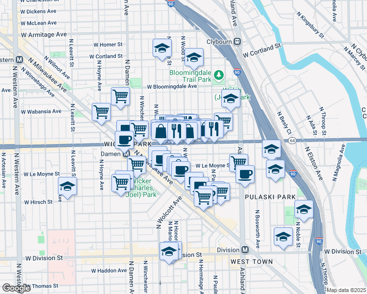 map of restaurants, bars, coffee shops, grocery stores, and more near 1801 Illinois 64 in Chicago