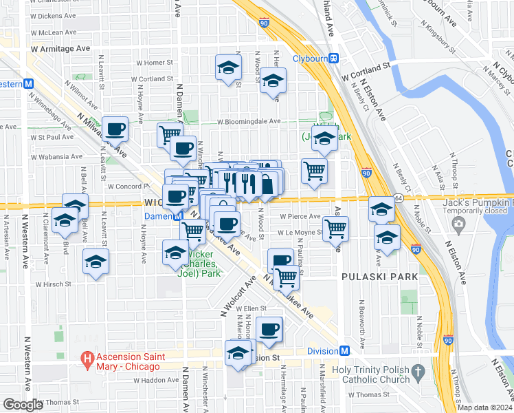 map of restaurants, bars, coffee shops, grocery stores, and more near in Chicago