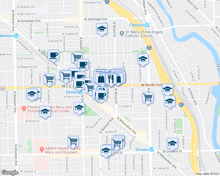 map of restaurants, bars, coffee shops, grocery stores, and more near in Chicago