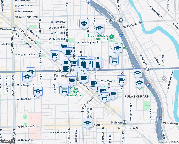 map of restaurants, bars, coffee shops, grocery stores, and more near in Chicago