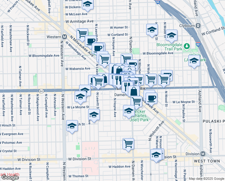 map of restaurants, bars, coffee shops, grocery stores, and more near 1563 North Hoyne Avenue in Chicago