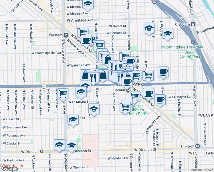 map of restaurants, bars, coffee shops, grocery stores, and more near 2131 West North Avenue in Chicago