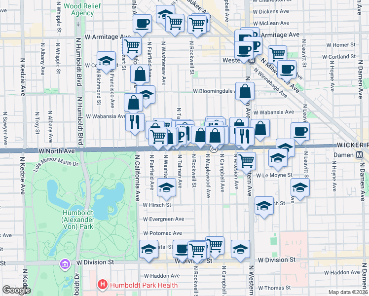 map of restaurants, bars, coffee shops, grocery stores, and more near in Chicago