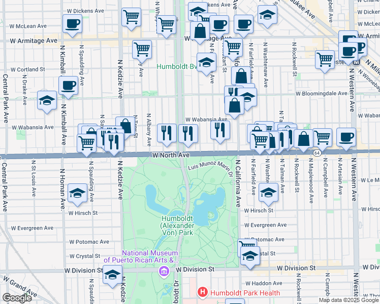 map of restaurants, bars, coffee shops, grocery stores, and more near 2932B West North Avenue in Chicago