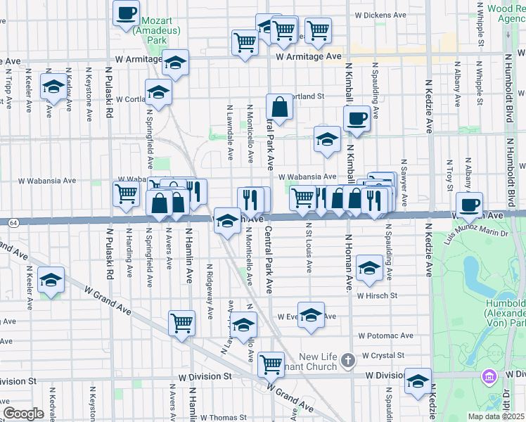 map of restaurants, bars, coffee shops, grocery stores, and more near in Chicago