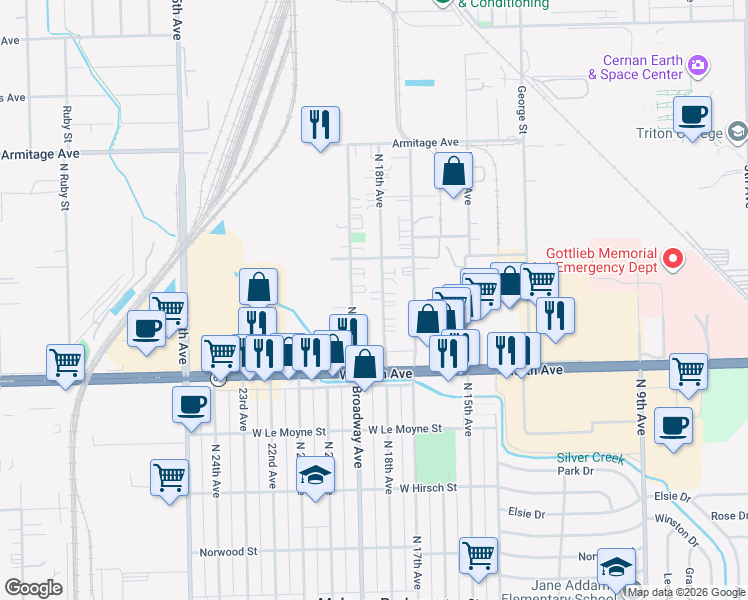map of restaurants, bars, coffee shops, grocery stores, and more near 1942 North 18th Avenue in Melrose Park