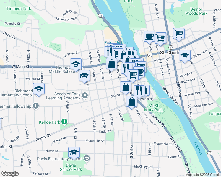 map of restaurants, bars, coffee shops, grocery stores, and more near 304 South 4th Street in St. Charles