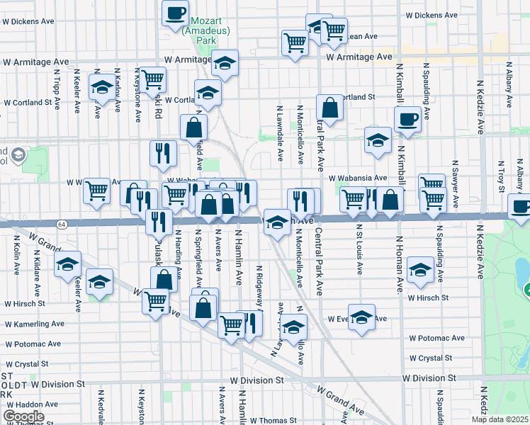 map of restaurants, bars, coffee shops, grocery stores, and more near 3722 Illinois 64 in Chicago