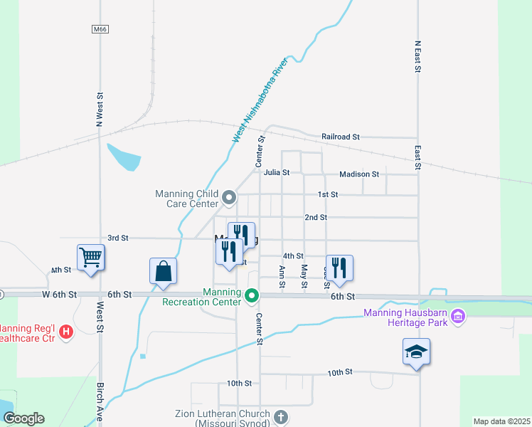 map of restaurants, bars, coffee shops, grocery stores, and more near 203 Center Street in Manning