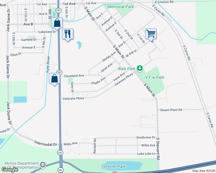 map of restaurants, bars, coffee shops, grocery stores, and more near 302 Irene Avenue in Rochelle