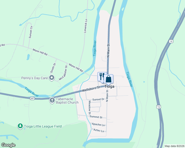 map of restaurants, bars, coffee shops, grocery stores, and more near 34 Cowanesque Street in Tioga