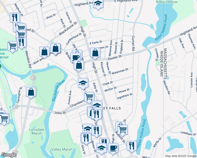 map of restaurants, bars, coffee shops, grocery stores, and more near High Street in Cumberland
