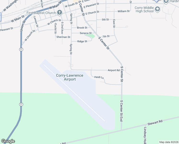 map of restaurants, bars, coffee shops, grocery stores, and more near 33 Heidi Ln in Corry