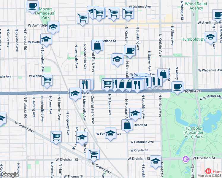 map of restaurants, bars, coffee shops, grocery stores, and more near 3449 Illinois 64 in Chicago