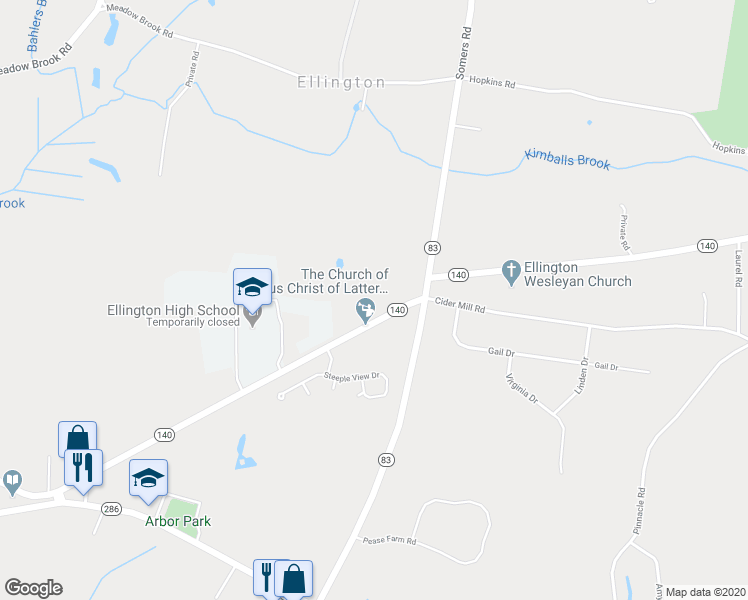 map of restaurants, bars, coffee shops, grocery stores, and more near 25 Maple Street in Ellington