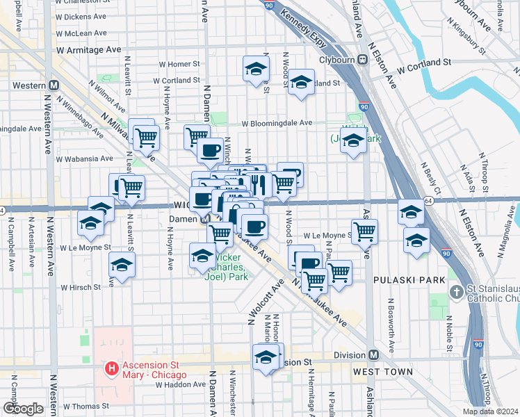 map of restaurants, bars, coffee shops, grocery stores, and more near 1530 North Elk Grove Avenue in Chicago