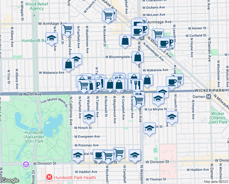 map of restaurants, bars, coffee shops, grocery stores, and more near W North Ave & N Maplewood Ave in Chicago