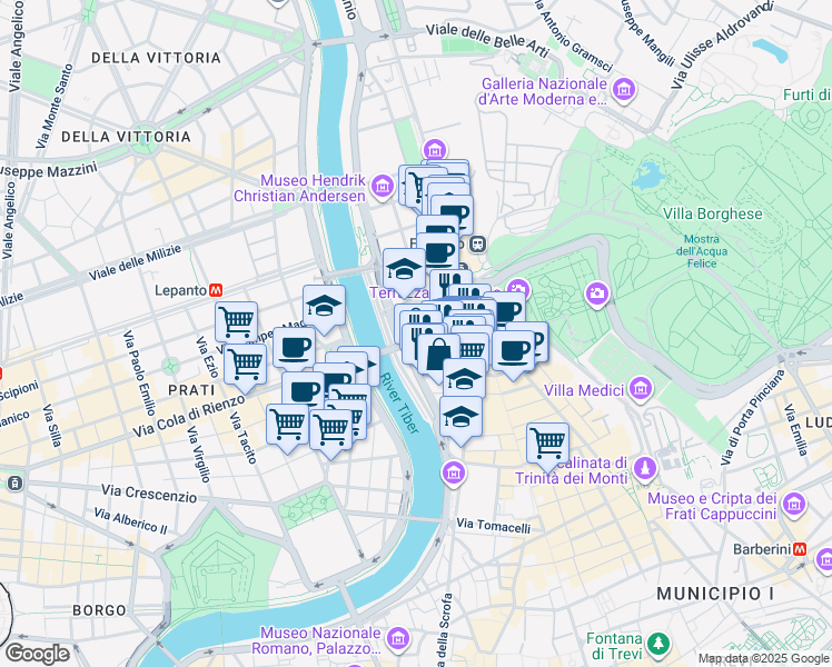 map of restaurants, bars, coffee shops, grocery stores, and more near 6 Via Ferdinando di Savoia in Roma